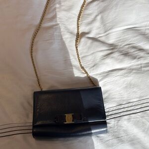 Elegant Navy Ferragamo Blue Leather Bag